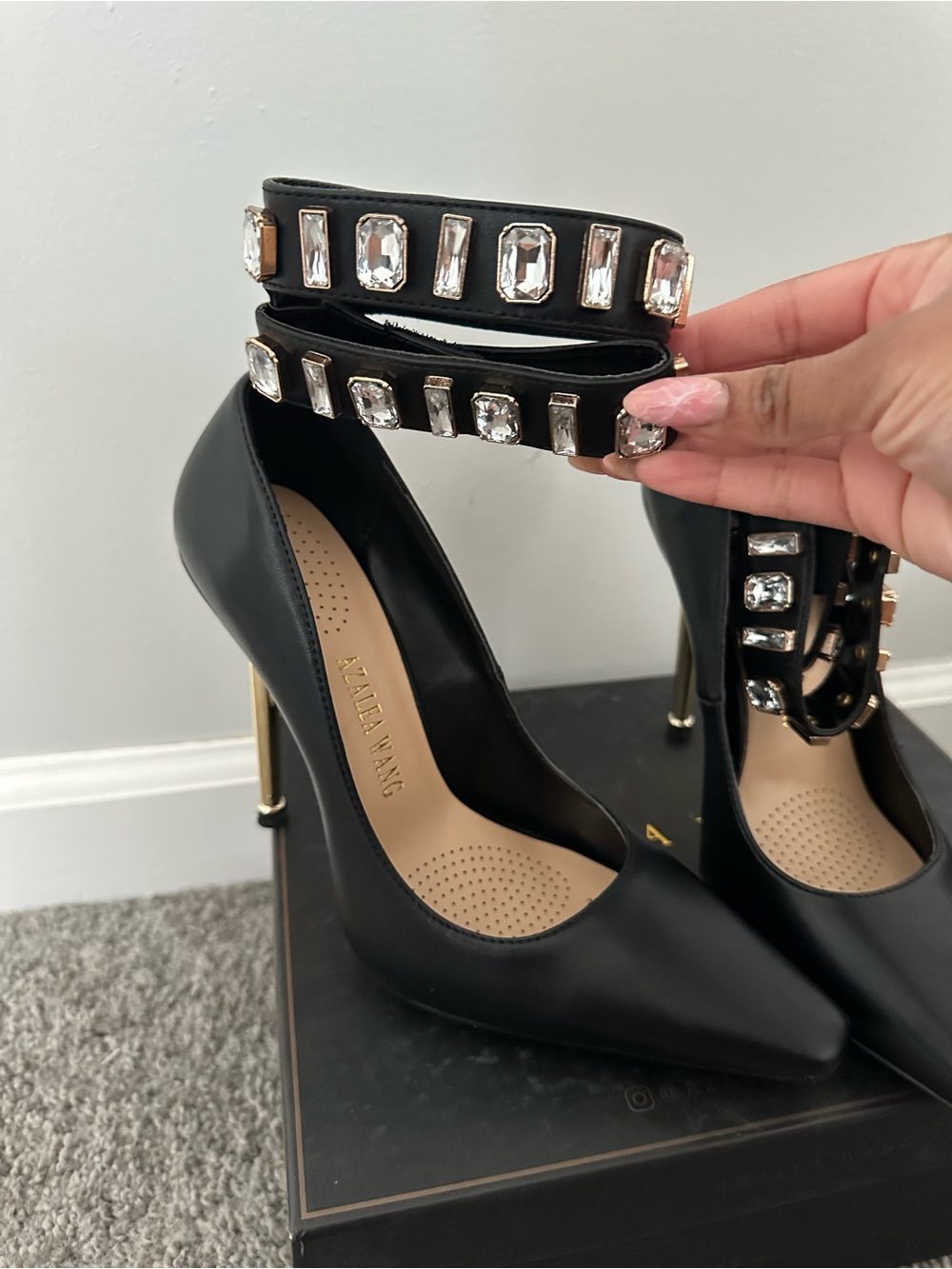 AKIRA Black Pointed Jeweled Ankle-Strap Stiletto Pumps - Picture 1 of 6